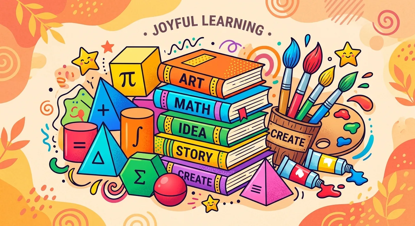 Playful illustration representing reading, math, and creative workshops